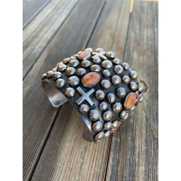 Navajo Sterling Silver & Orange Spiny Cross Bracelet By Chimney Butte Signed